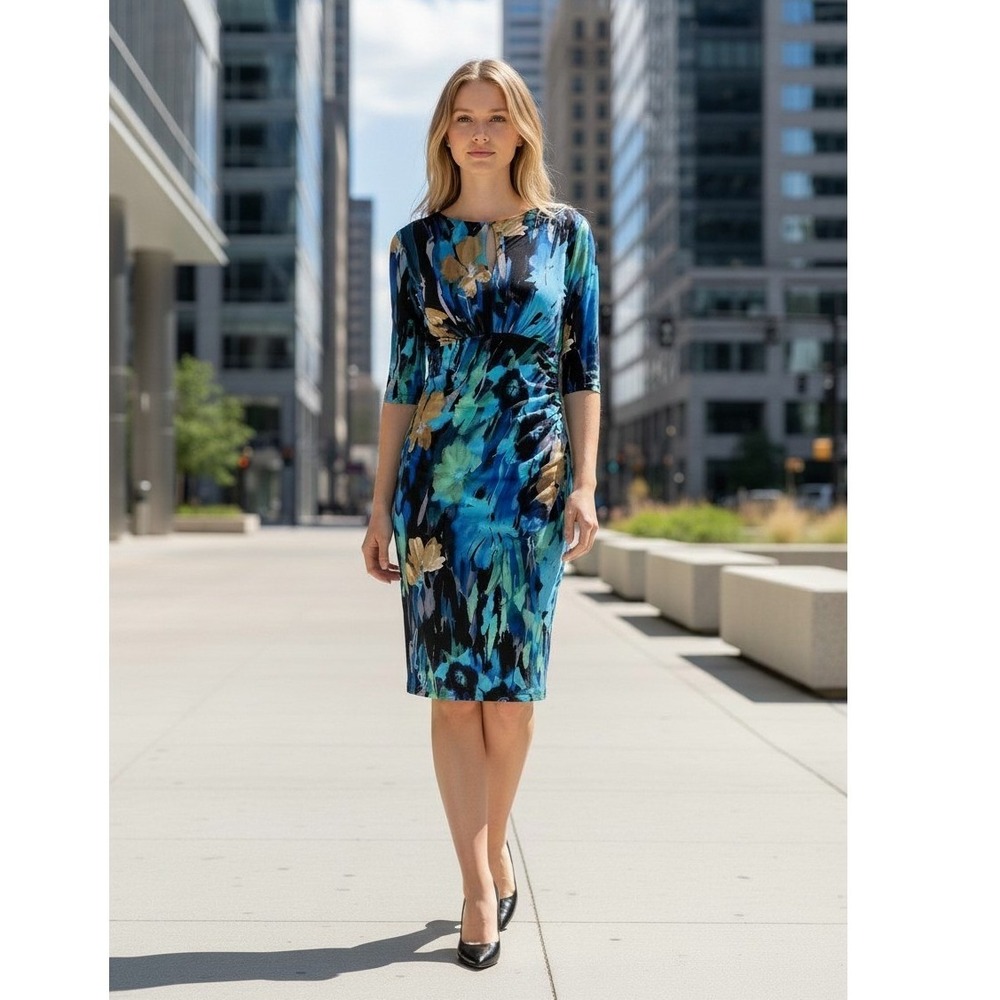 Maggy London Blue Abstract Floral Empire Waist Ruched Sheath Dress Size 6